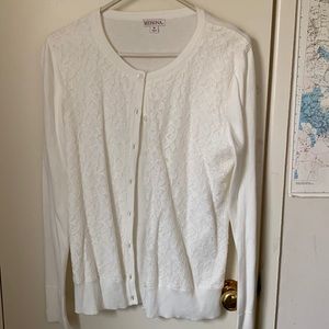Merona long sleeve cardigan sweater in cream with lace over the font. Size Med
